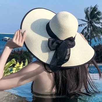 גדול Bowkno אופנה הקיץ השמש כובעים חוף שטוח פנמה גברת מזדמן רחב שוליים, כובע הקש חוף כובע שחור קשת לנשים אביזרים