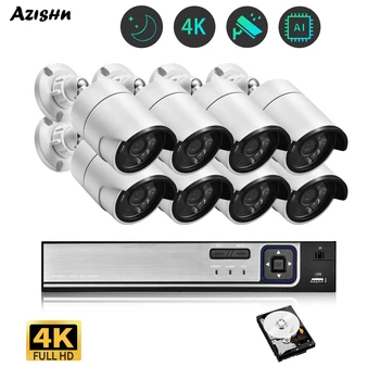 AZISHN Ultra HD 4K מצלמת אבטחה מערכת 8CH פו NVR אודיו מצלמת IP חיצונית בצבע מלא ראיית לילה מעקב וידאו סט