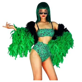 סקסית מועדון לילה בר גוגו תלבושות הבמה ירוק עם הדפס של נמר ביקיני נוצה גדולה שרוול נשים זמר לרקוד את ביצועי הקבוצה בגדים