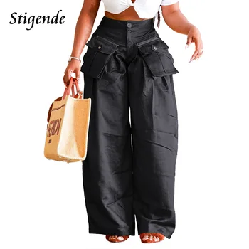 Stigende רחב הרגל מטען רופף מכנסיים נשים נשלף מהכיס היפ הופ מכנסיים טלאים מתיחה ישר מכנסיים רחבים אופנת רחוב
