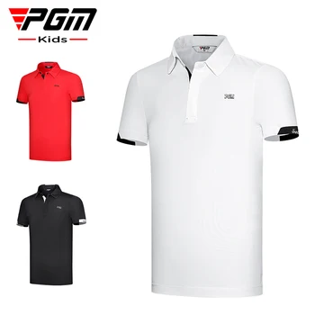PGM גולף ילדים שרוול קצר חולצה קיץ ספורט מחורר נגד זיעה לנשימה מהירה יבש צווארון פולו בנים גולף, חולצות עבור הילד.