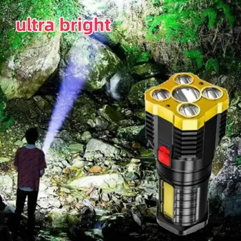 5 אור LED פנס USB להטעין קלח צד האור תצוגת כוח חיצוני נייד מנורה 4 מצב עמיד למים נטענת לפידים