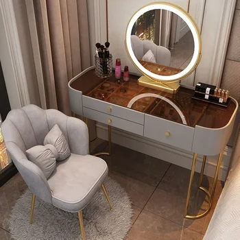 נורדי אור גוף מלא יוקרה איפור הלבשה Penteadeira שולחן LED מראה חדר השינה מראת איפור, שידה ארון כולל כיסא