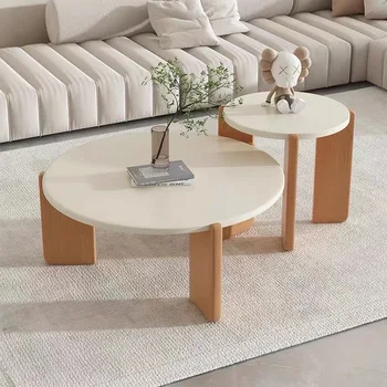 עץ מלא עגול שולחן קפה מודרני מינימליזם הביתה בית קטן מרפסת סלון, שולחן צד קישוט Koffietafel רהיטים