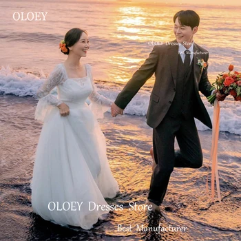 OLOEY וינטג ' קוריאה נשים קו טול תחרה שמלות כלה עם שרוול ארוך צוואר מרובע באורך רצפת חוף שמלות כלה פוטושוט
