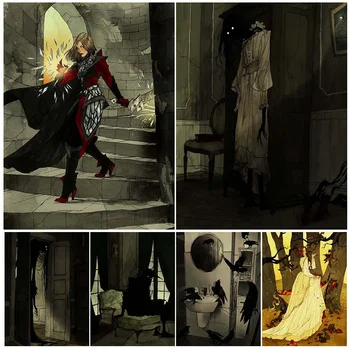 הערפד ואת המכשפה אוהבת וינטג ' אמנות קיר בד הציור ויקטוריאני מכשפות,רוחות רפאים, מפלצות אמנות פוסטר הדפסה קישוט הבית