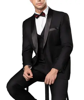 חליפות חתן כפול עם חזה שחור שיא דש השושבינים הטוב ביותר חליפה Mens החתונה ז ' קט+מכנסיים+אפוד