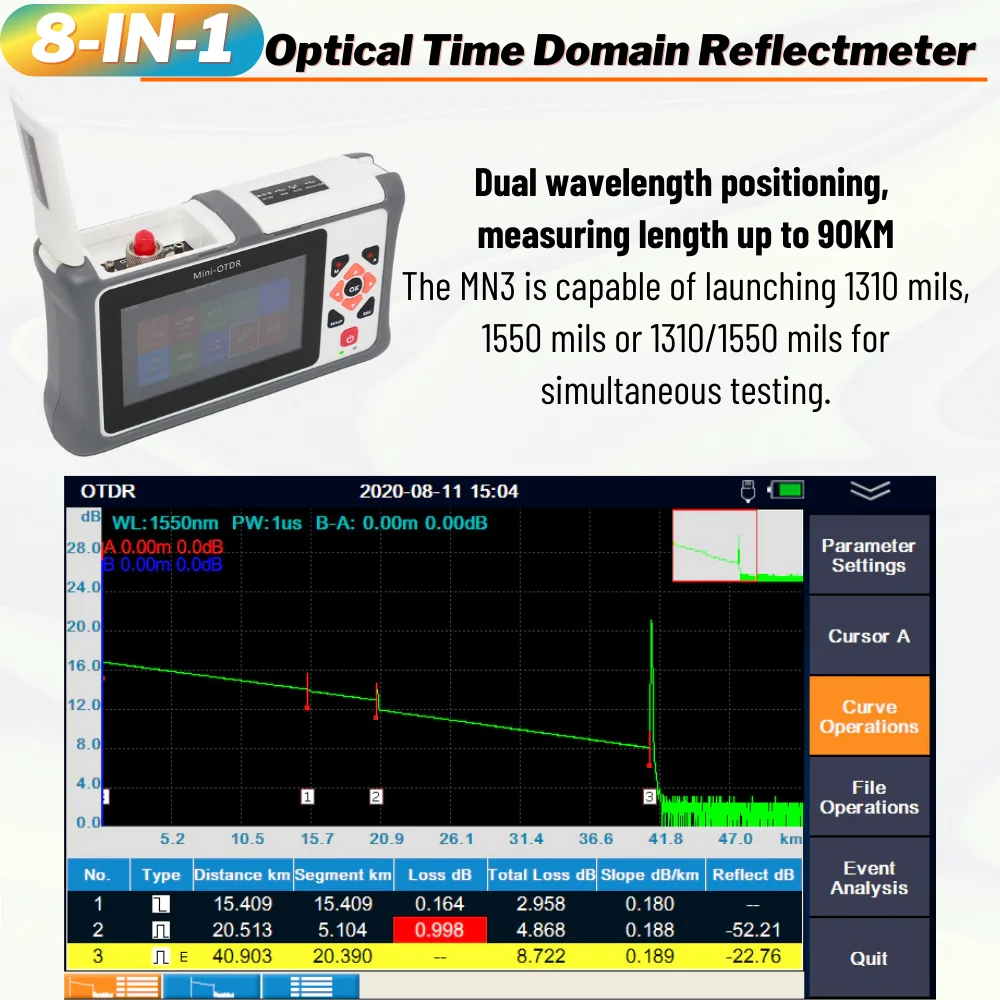 100KM Pro mini OTDR Reflectometer על GPON EPON לחיות-שירות בדיקות מסך מגע סיבים אופטיים OTDR VFL שמחלקת חקירת תקריות ירי OPM אירוע המפה - 1