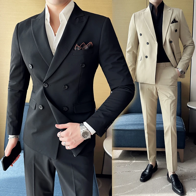 2023 אופנה חדשה גברים ביזנס זוגי עם חזה מוצק צבע החליפה המעיל / זכר רזה החתונה 2 חתיכות בלייזרס מעיל מכנסיים מכנסיים - 1