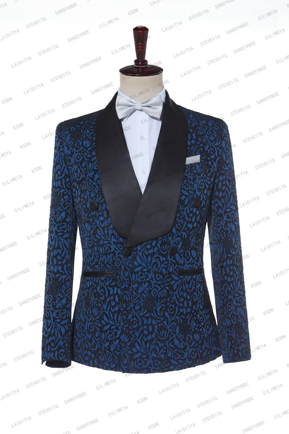 2023 כחול פרחוני אקארד חליפות גברים Slim Fit עם כפול עם חזה החתונה טוקסידו השושבינים סריג שחור דש האופנה הגברי - 1