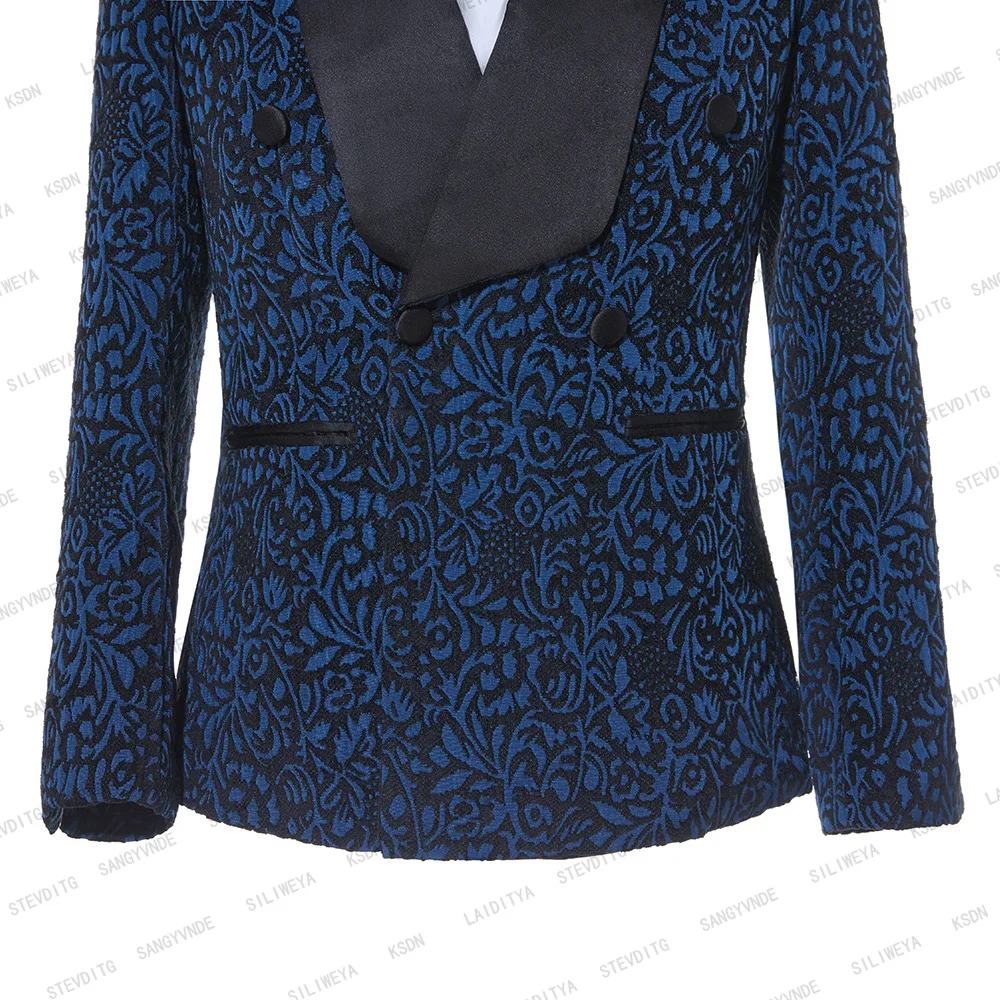 2023 כחול פרחוני אקארד חליפות גברים Slim Fit עם כפול עם חזה החתונה טוקסידו השושבינים סריג שחור דש האופנה הגברי - 2