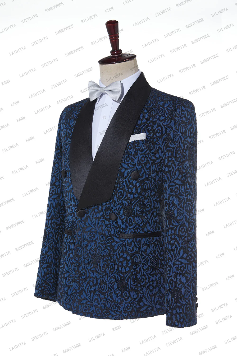 2023 כחול פרחוני אקארד חליפות גברים Slim Fit עם כפול עם חזה החתונה טוקסידו השושבינים סריג שחור דש האופנה הגברי - 3