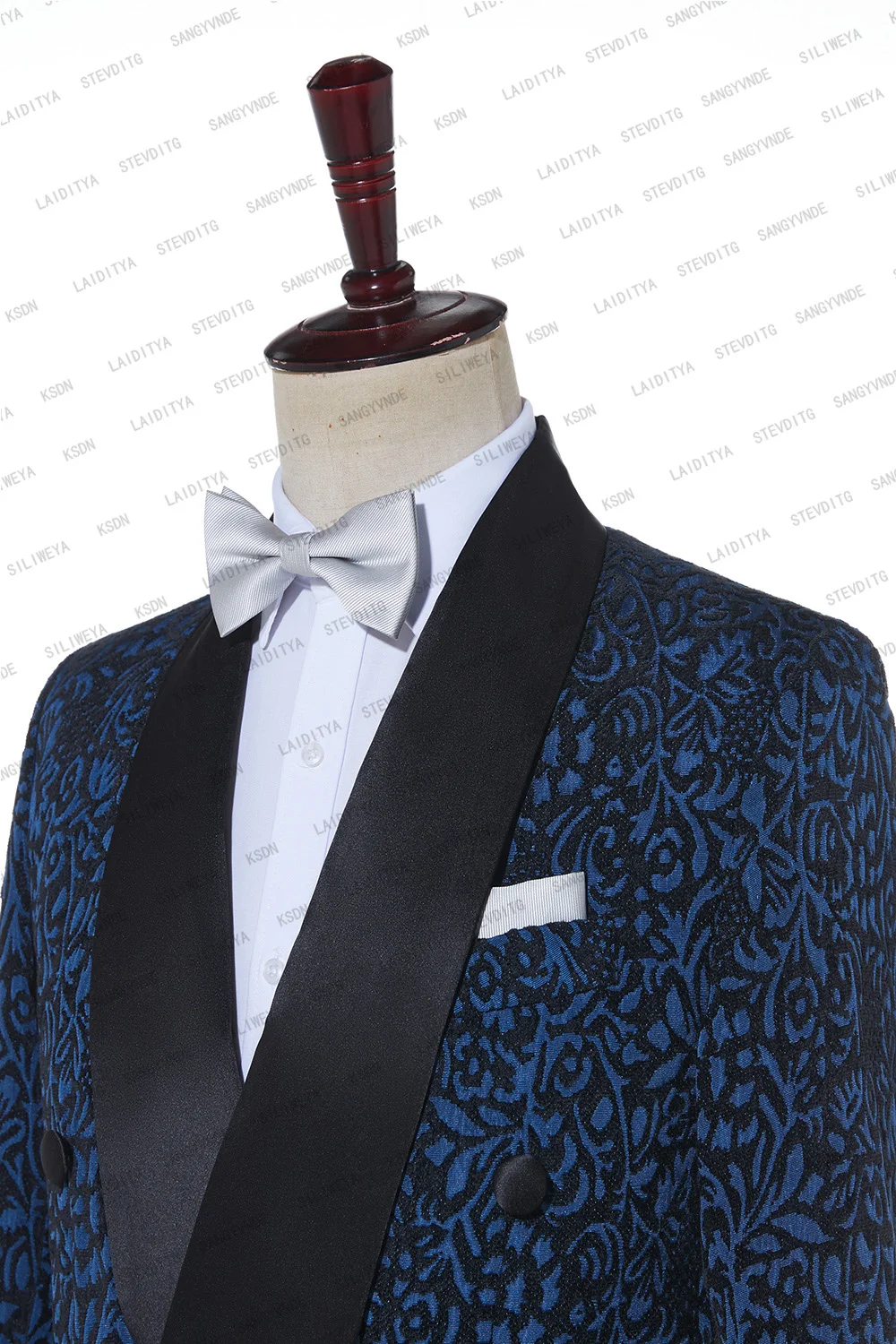 2023 כחול פרחוני אקארד חליפות גברים Slim Fit עם כפול עם חזה החתונה טוקסידו השושבינים סריג שחור דש האופנה הגברי - 4