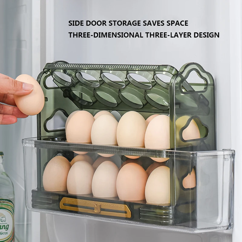 2023 מקרר ביצה מחזיק 30 רשתות ביצה תיבת אחסון סיבוב 3 שכבות מקרר ביצים מיכל חוסך מקום במטבח ביצים מחזיק תיק - 1