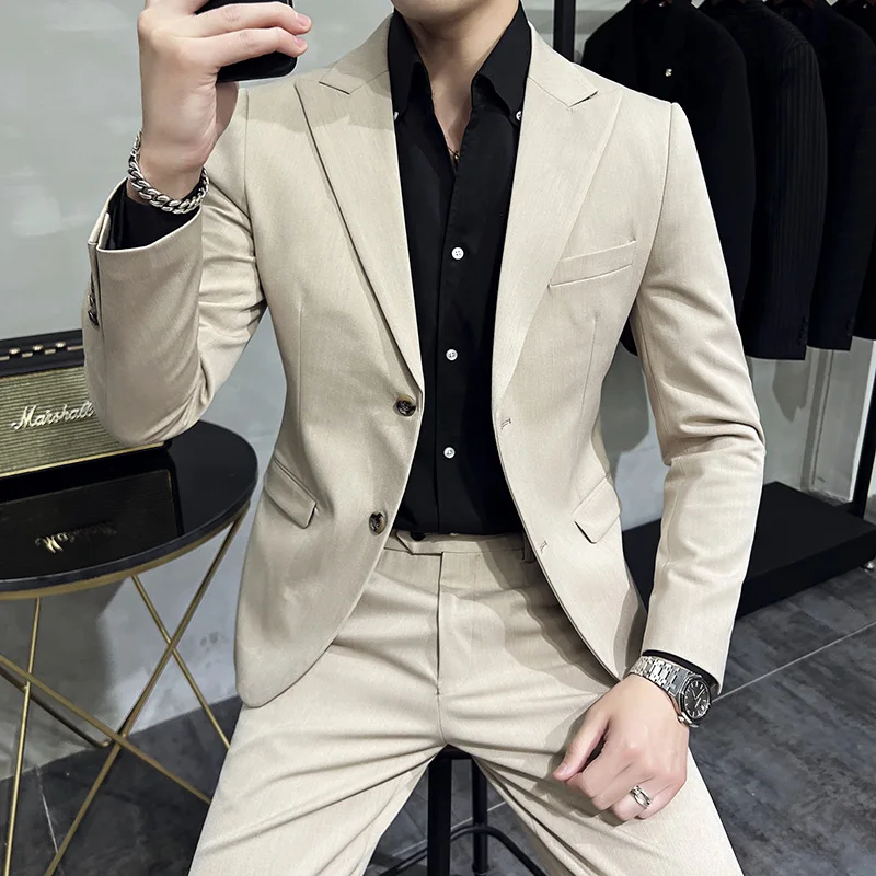 2023New אופנה, עסקים של גברים (חליפה + מכנסיים) נאה בשורה אחת כפול עם חזה גברים פסים רשמי מזדמנים שני חלקים - 1