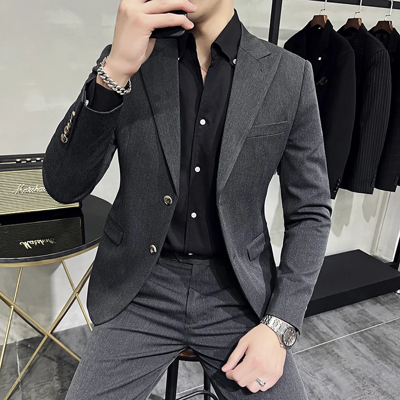 2023New אופנה, עסקים של גברים (חליפה + מכנסיים) נאה בשורה אחת כפול עם חזה גברים פסים רשמי מזדמנים שני חלקים - 2