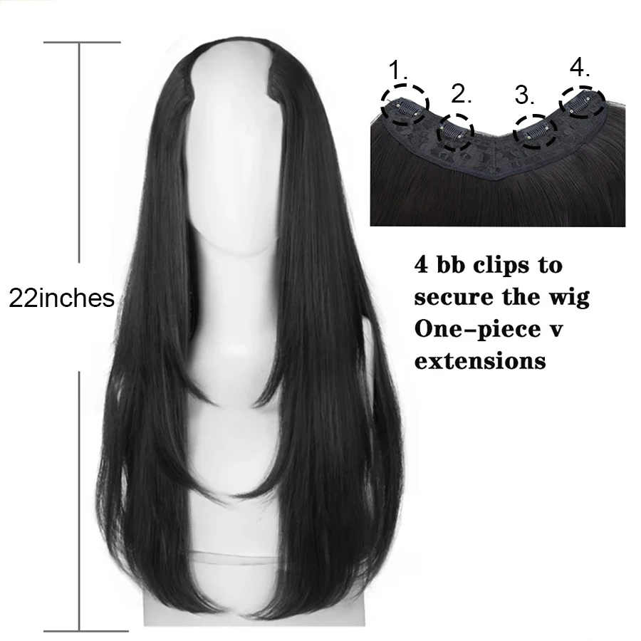 22inch זמן סינתטי ארוך שיער חלק 4 קליפ שיער סיומת u סוג הפאה שחור טבעי פאה לנשים. - 1