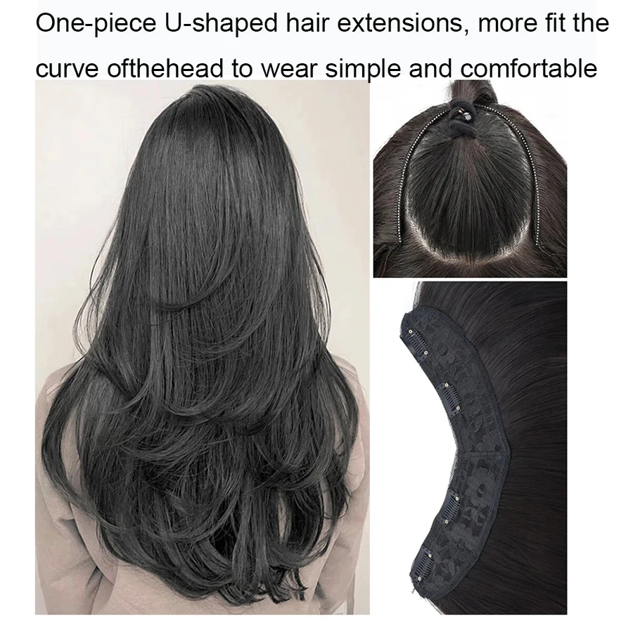 22inch זמן סינתטי ארוך שיער חלק 4 קליפ שיער סיומת u סוג הפאה שחור טבעי פאה לנשים. - 2