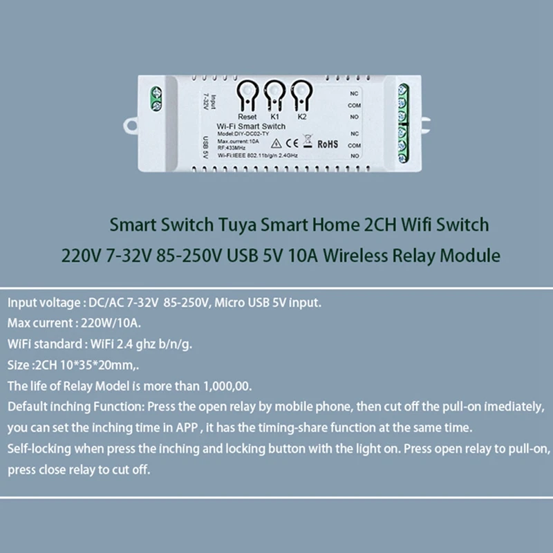 2CH Tuya Wifi מתג Wifi מתג DIY טיימר +שלט רחוק 85-265V USB 5V 2.4 G Wifi Smartlife אוטומציה ביתית מודול עבור Alexa IFTT - 3