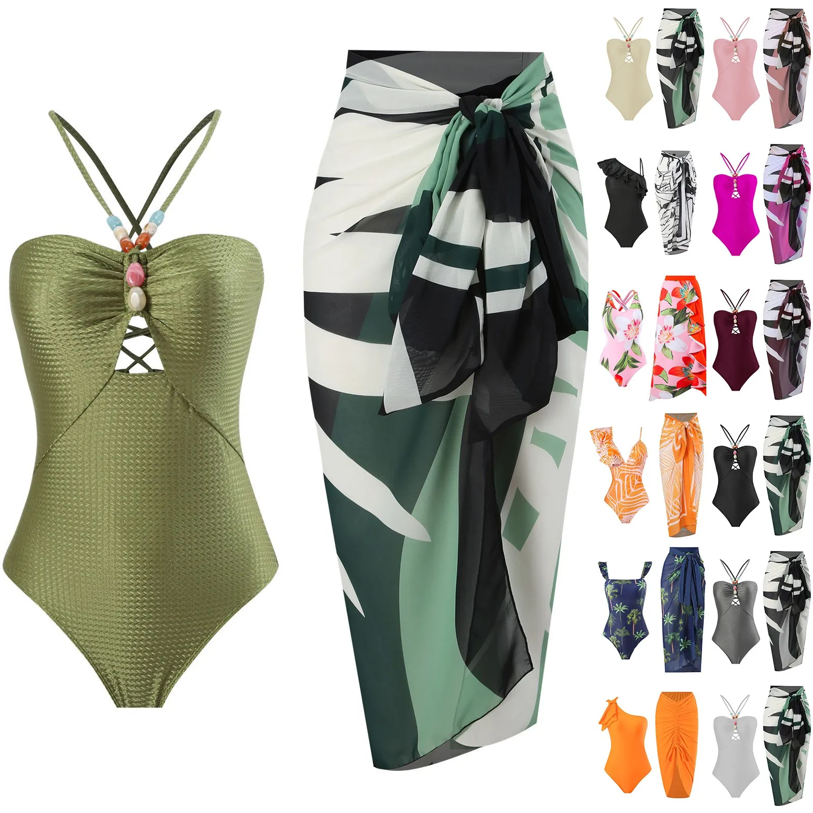3PC הקיץ הדפסה בגדי ים נשית חתיכה אחת סגורה בגדי ים פוש אפ לנשים לשחות ללבוש גוף בגדי ים חוף ביקיני mujer - 1