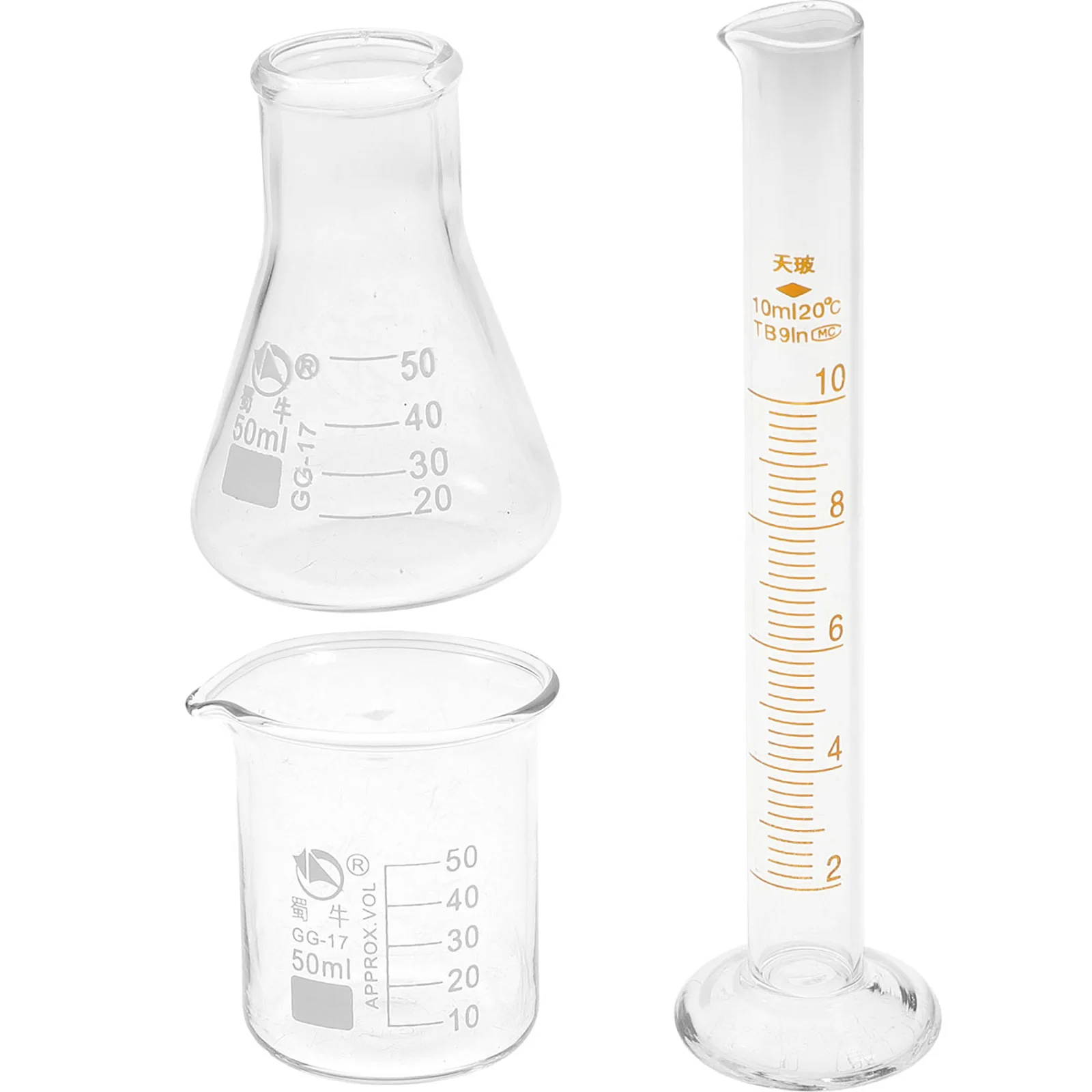 3pcs מעבדה ציוד (זכוכית, כוס מדידה גליל בקבוק חרוטי) - 0