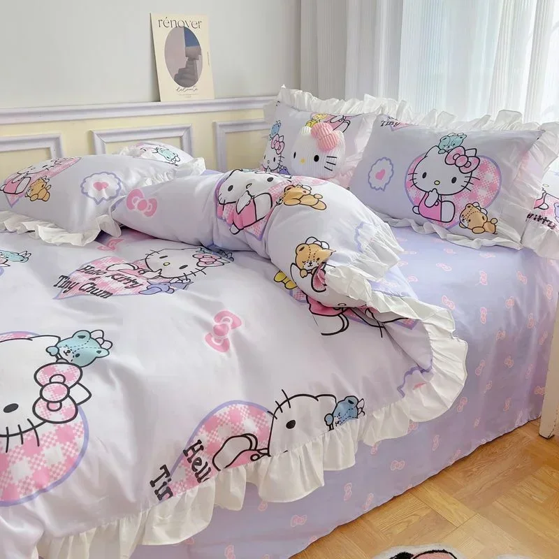 4PCS 1.5 מ '/1.8 מ'. המיטה Sanrio כותנה מצעים קריקטורה אנימה העור ידידותי נוח הטקסטיל לבית הלו קיטי מיטה זוגית המצעים - 3