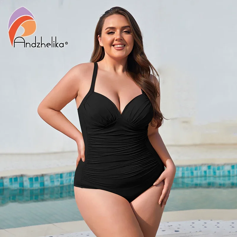 Andzhelika שחור V צוואר פלוס גודל חתיכה אחת של בגדי ים עבור נשים סקסי הבטן שליטה בגד ים 2023 החוף החדש בגדי ים Monokini - 3