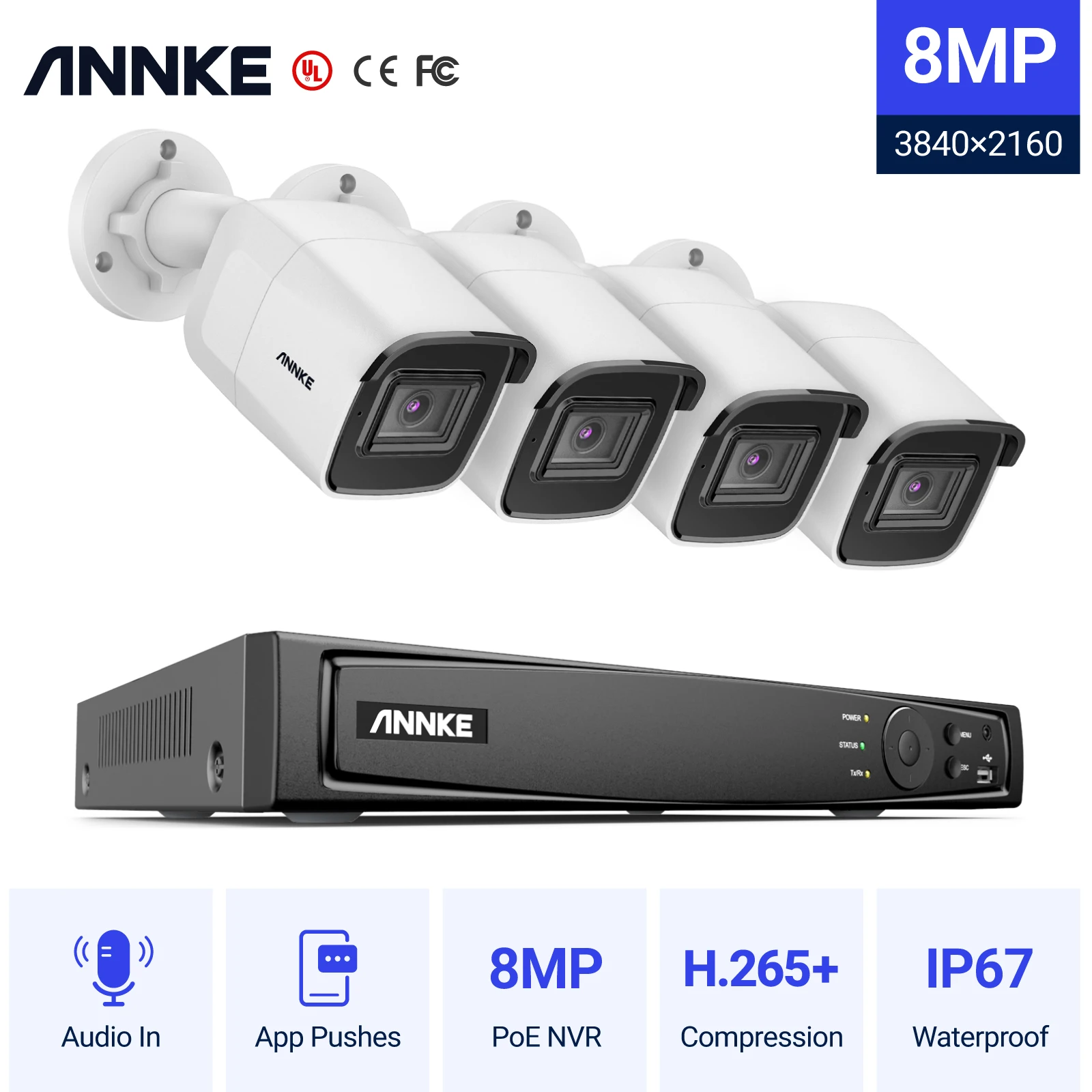 ANNKE 4K ערוץ 8 H. 265+ פו NVR וידאו,מערכת אבטחה 4K 8MP חיצונית PoE IP מצלמת אבטחה 4×כדור מצלמות, מצלמות במעגל סגור, אודיו קיט - 0