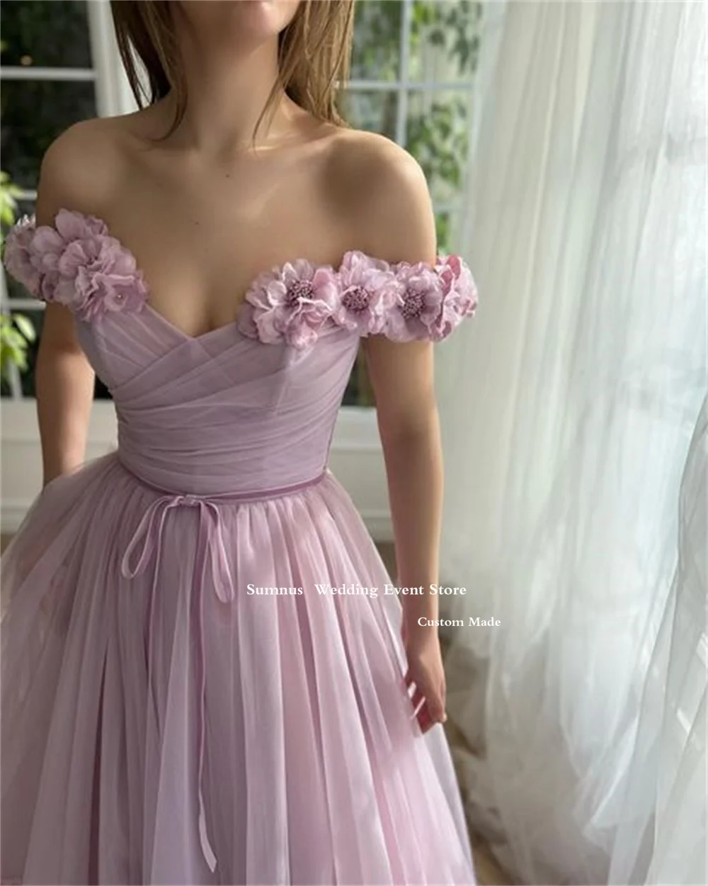 Eightree חינני שמלות לנשף קו מחוץ הכתף טול 3D פרחים גבוהים שסף רשמי שמלות ערב גלימות דה לנשף - 1