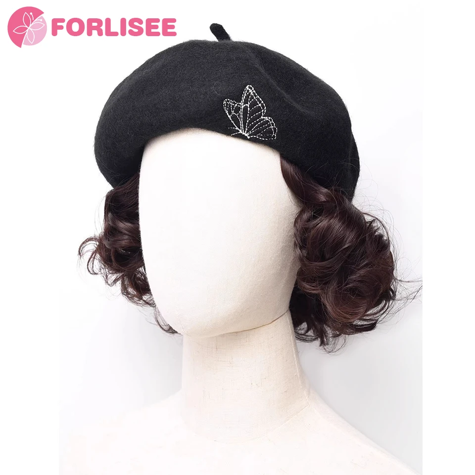 FORLISEE הפאה כובע נשים סתיו חורף אופנה פרפר מתומן כומתה קצר שיער מתולתל הפאה הכובע - 2