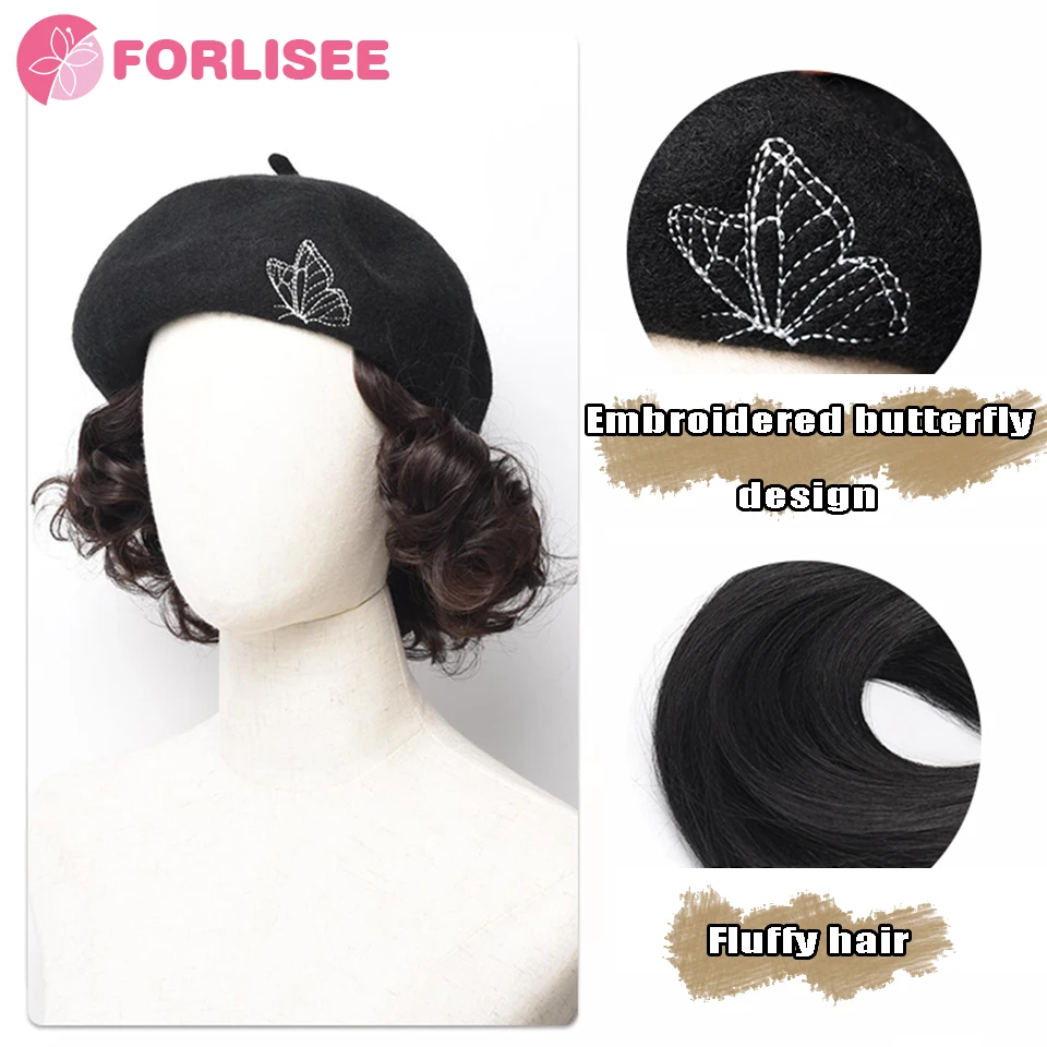 FORLISEE הפאה כובע נשים סתיו חורף אופנה פרפר מתומן כומתה קצר שיער מתולתל הפאה הכובע - 3