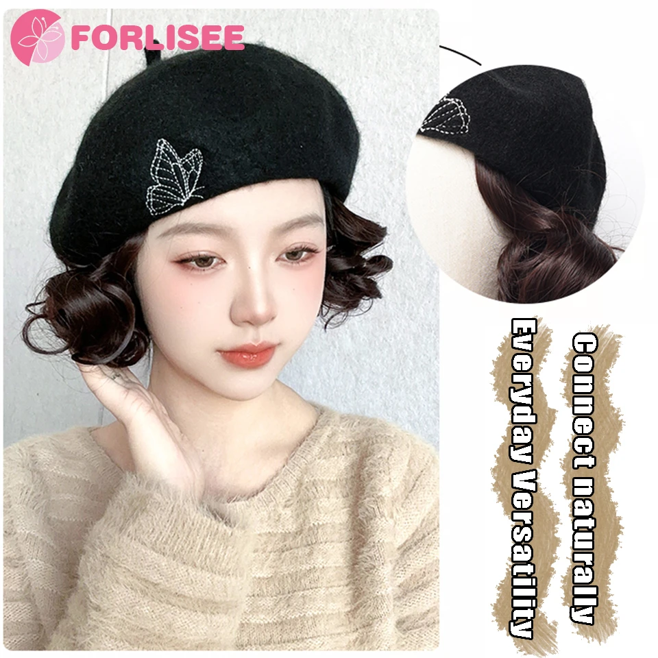 FORLISEE הפאה כובע נשים סתיו חורף אופנה פרפר מתומן כומתה קצר שיער מתולתל הפאה הכובע - 4