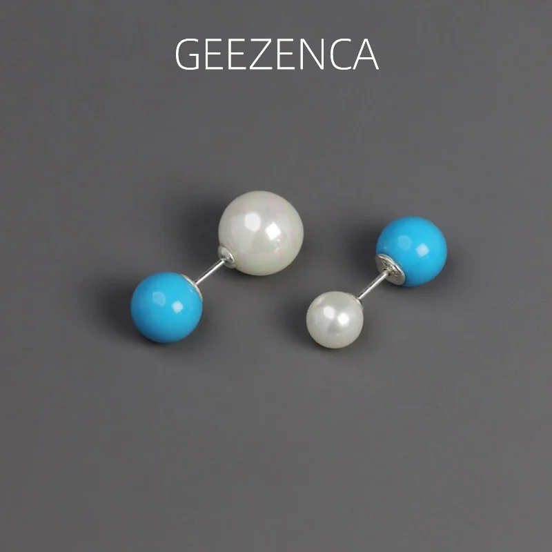 GEEZENCA 925 כסף סטרלינג לבן כחול חרוזים רב תכליתי עגילים לנשים פגז פנינה פשוטה מינימליסטי ייחודי העגיל - 0