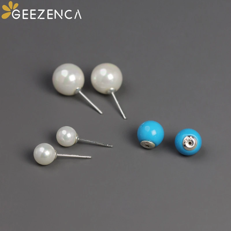 GEEZENCA 925 כסף סטרלינג לבן כחול חרוזים רב תכליתי עגילים לנשים פגז פנינה פשוטה מינימליסטי ייחודי העגיל - 2