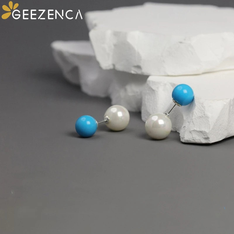 GEEZENCA 925 כסף סטרלינג לבן כחול חרוזים רב תכליתי עגילים לנשים פגז פנינה פשוטה מינימליסטי ייחודי העגיל - 4