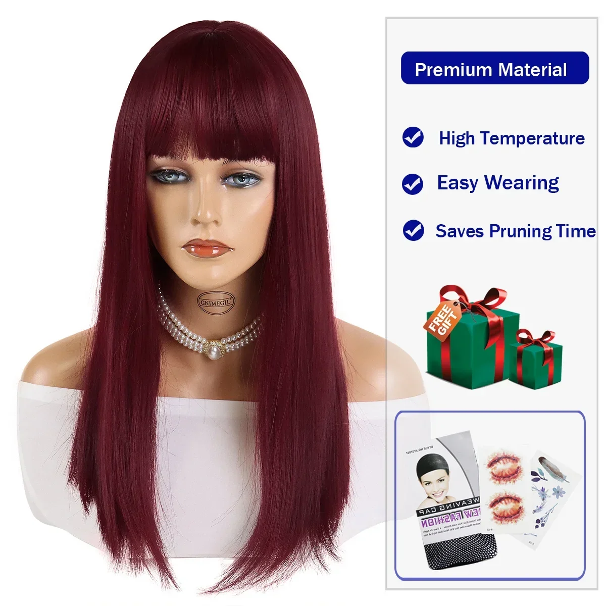 GNIMEGIL סינתטי ארוך אדום פאה עם פוני ישר תסרוקות שיער לנשים עמיד בפני חום סיבים קוספליי פאה לתחפושת חום הפאה - 2