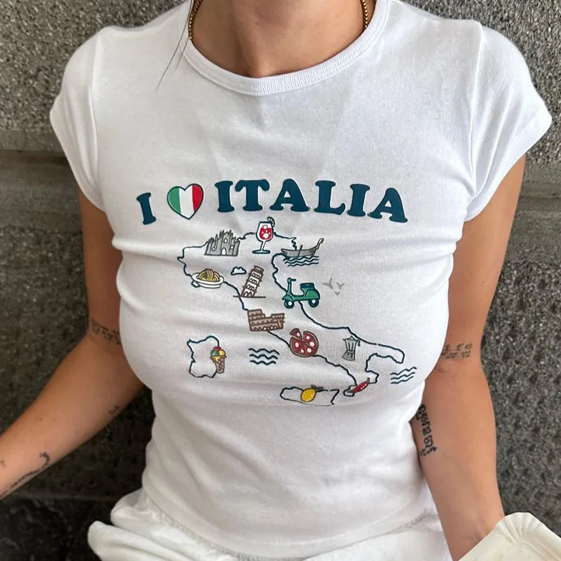 Harajuku אסתטי סמל חמוד אני אוהב אוכל איטלקי הדפסה גרפית Y2k יבול מקסימום בגדים ברחוב הקיץ מקרית O-צוואר לבן חולצות - 1