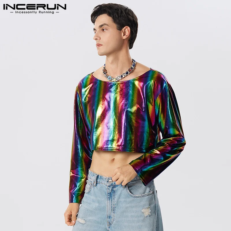 INCERUN קצוץ מקסימום 2023 האמריקאי סגנון חדש Mens אופנה פלאש אלמנט בד חולצות מזדמנים צד מראה עם שרוולים ארוך Camiseta - 1