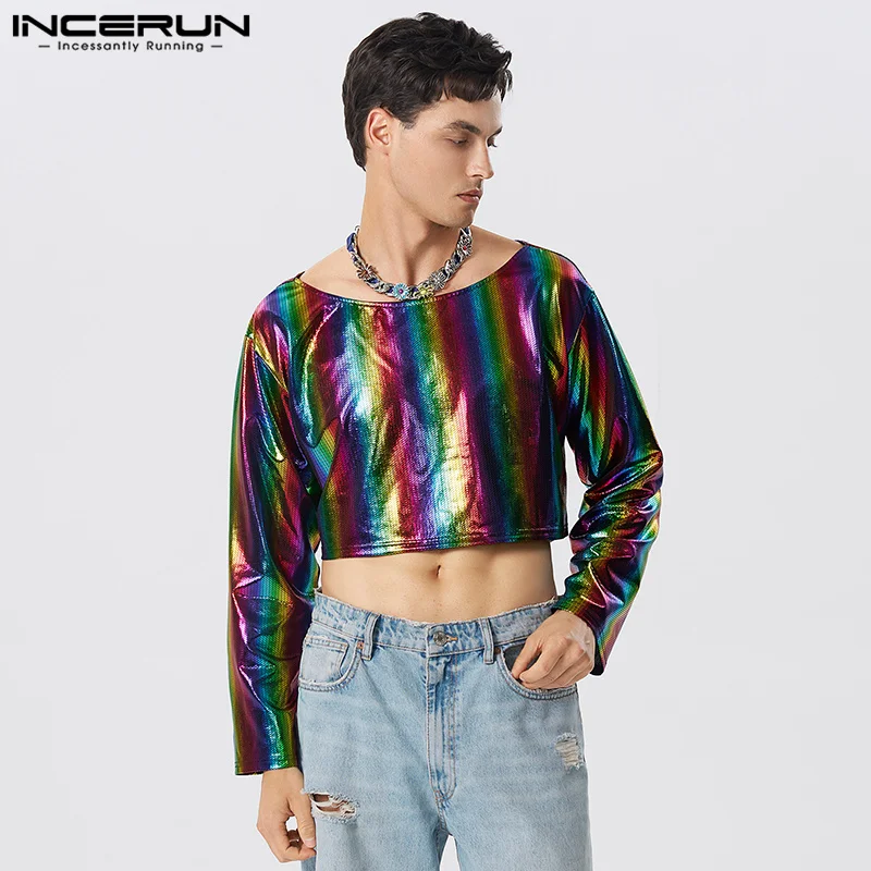 INCERUN קצוץ מקסימום 2023 האמריקאי סגנון חדש Mens אופנה פלאש אלמנט בד חולצות מזדמנים צד מראה עם שרוולים ארוך Camiseta - 2