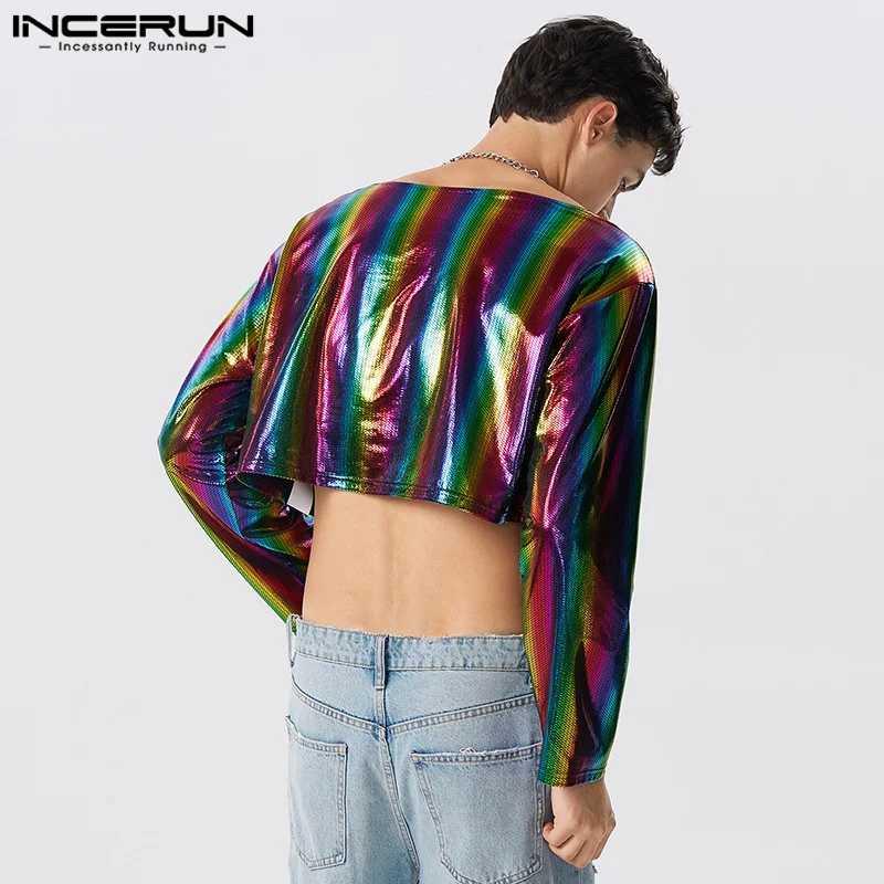 INCERUN קצוץ מקסימום 2023 האמריקאי סגנון חדש Mens אופנה פלאש אלמנט בד חולצות מזדמנים צד מראה עם שרוולים ארוך Camiseta - 3