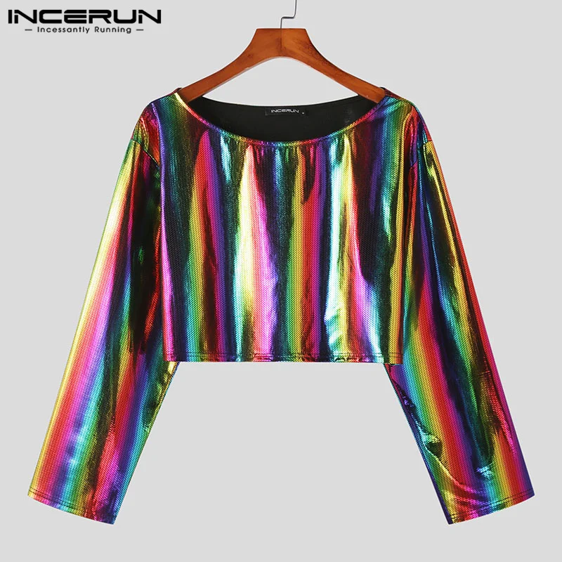 INCERUN קצוץ מקסימום 2023 האמריקאי סגנון חדש Mens אופנה פלאש אלמנט בד חולצות מזדמנים צד מראה עם שרוולים ארוך Camiseta - 4