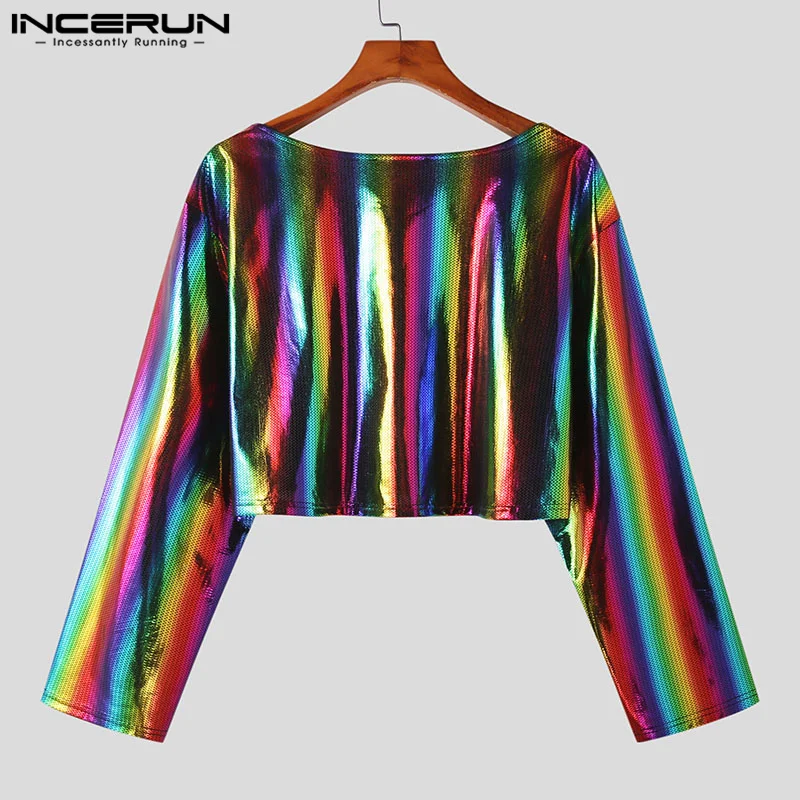 INCERUN קצוץ מקסימום 2023 האמריקאי סגנון חדש Mens אופנה פלאש אלמנט בד חולצות מזדמנים צד מראה עם שרוולים ארוך Camiseta - 5