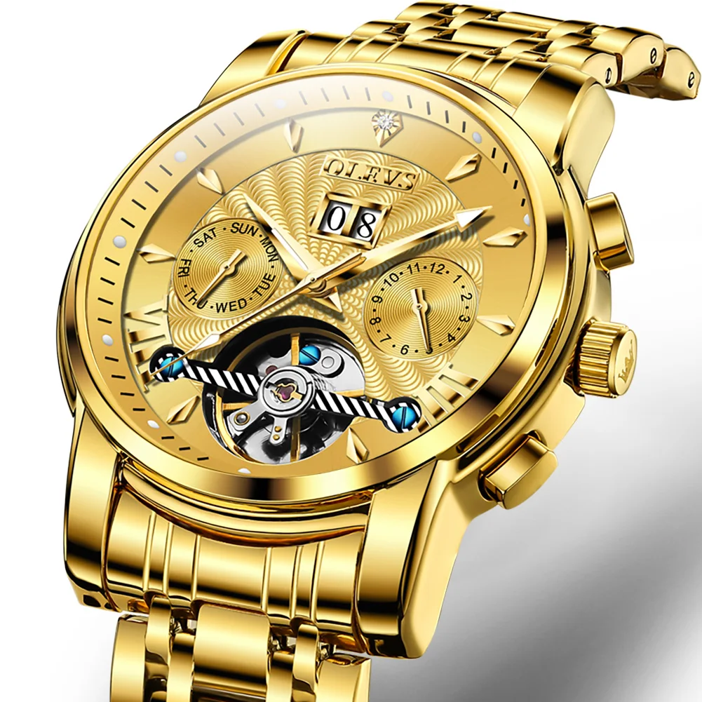 OLEVS מכאניים שעונים תאריך זוהר שעון גברים אוטומטי שעונים של גברים יוקרה המקורי מותג זהב פלדה טורבילון השעון - 1