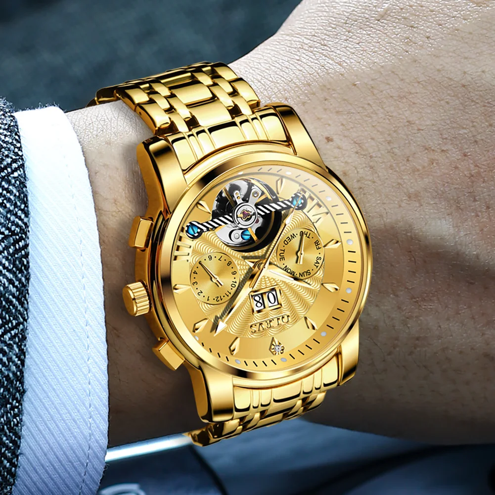OLEVS מכאניים שעונים תאריך זוהר שעון גברים אוטומטי שעונים של גברים יוקרה המקורי מותג זהב פלדה טורבילון השעון - 2