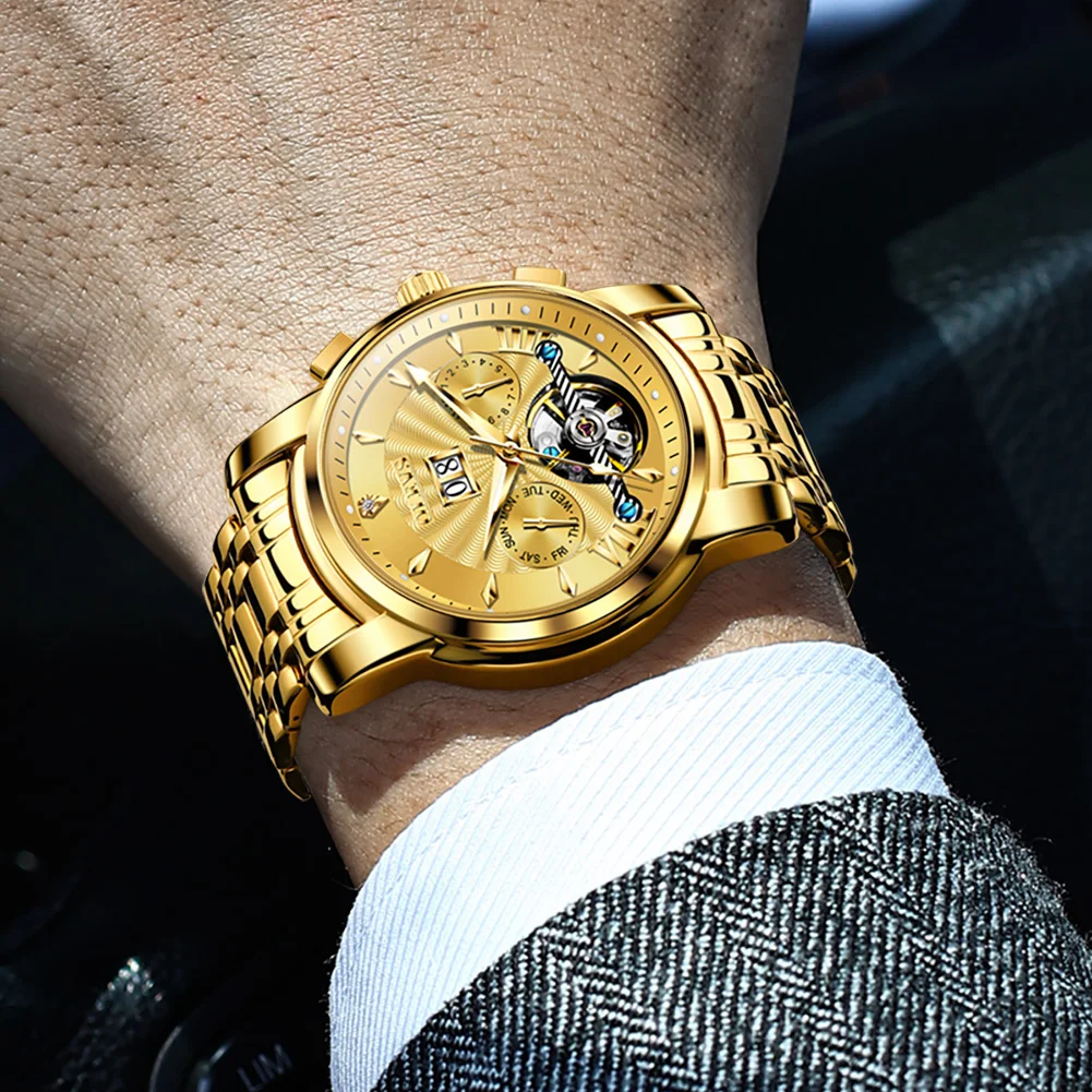 OLEVS מכאניים שעונים תאריך זוהר שעון גברים אוטומטי שעונים של גברים יוקרה המקורי מותג זהב פלדה טורבילון השעון - 3