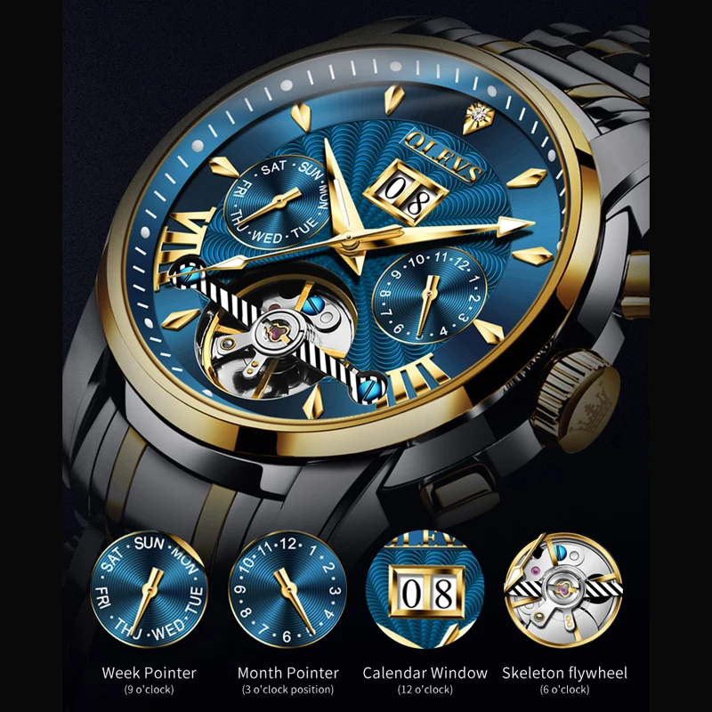 OLEVS מכאניים שעונים תאריך זוהר שעון גברים אוטומטי שעונים של גברים יוקרה המקורי מותג זהב פלדה טורבילון השעון - 5