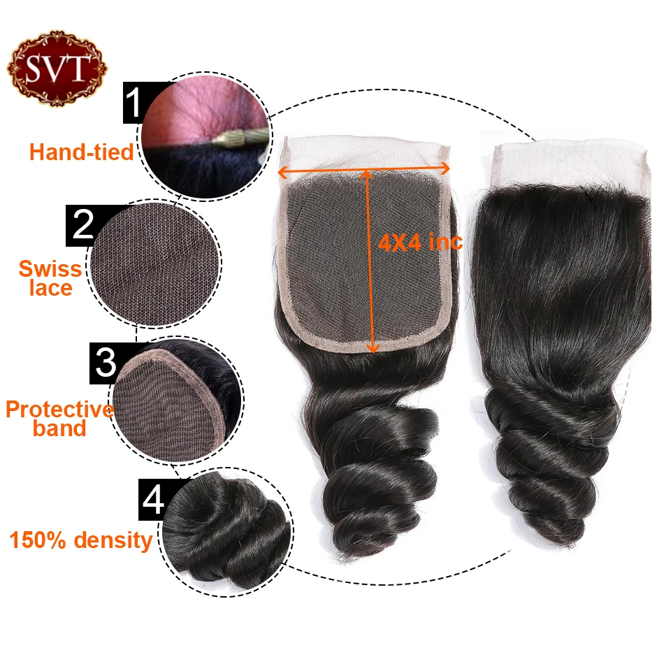 SVT פרואני שיער לארוג חבילות עם סגירת 4 יח ' /הרבה צבע טבעי רופף גל סגר עם חבילות רמי האנושי הארכת שיער - 4