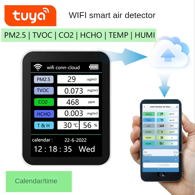 Tuya Wifi 7 1 חכם איכות האוויר לפקח TVOC HCHO PM2.5 הבוחן פורמלדהיד גלאי גז לבן - 3