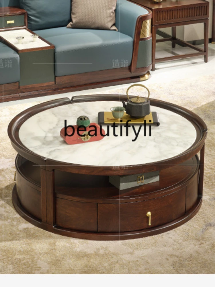 Ugyen עץ חדש בסגנון סיני תה שולחן הסלון השיש מעץ מלא עגול תה שולחן אור יוקרה רב תפקודי תה השולחן - 1