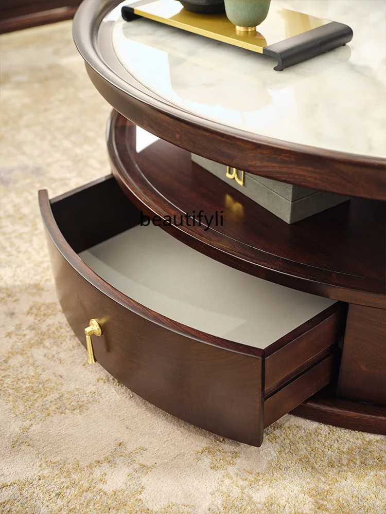 Ugyen עץ חדש בסגנון סיני תה שולחן הסלון השיש מעץ מלא עגול תה שולחן אור יוקרה רב תפקודי תה השולחן - 4